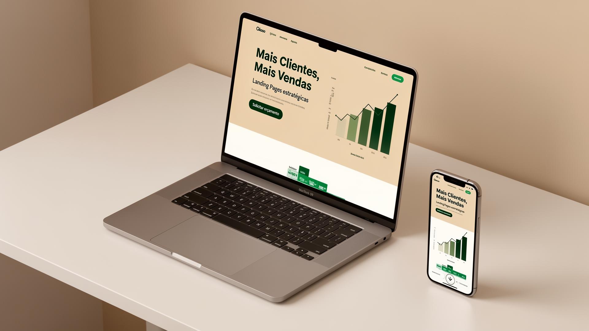 Mockup de Landing Page em laptop e celular com gráficos de crescimento